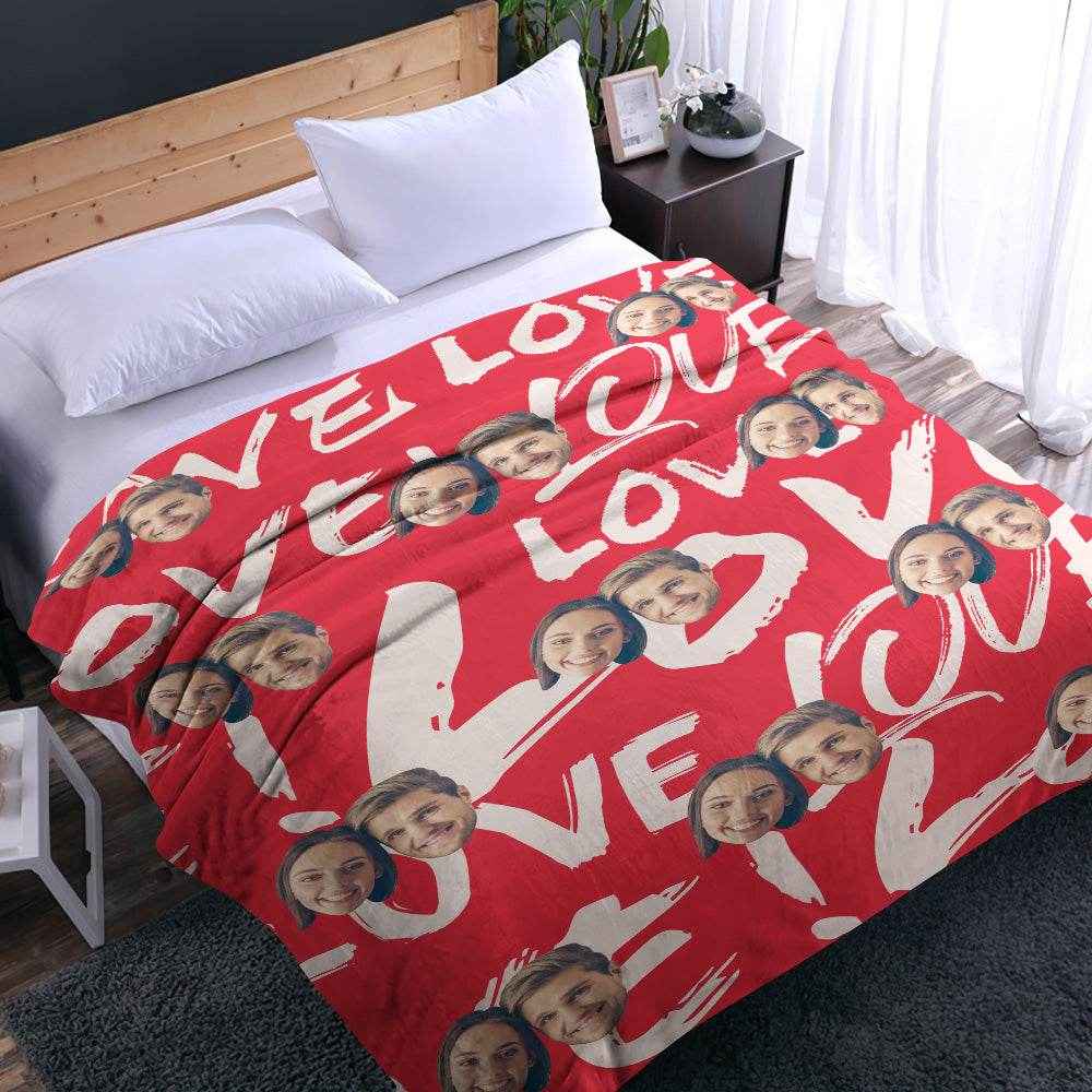 Personalized Face Photo Blanket – Soft Mink Wool with Heart & Love Patterns - Customise Now