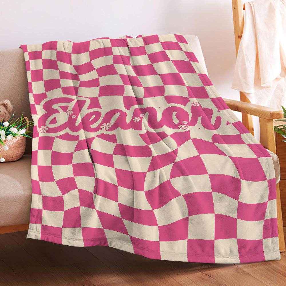 Personalized Checkered Name Blanket – Soft Mink Wool Custom Text Throw - Customise Now