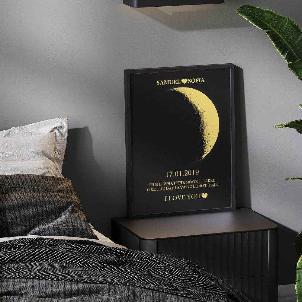Custom Text & Moon Phase Frame – Romantic Wooden Gift for Couples - Customise Now