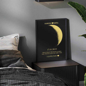 Custom Text & Moon Phase Frame – Romantic Wooden Gift for Couples - Customise Now