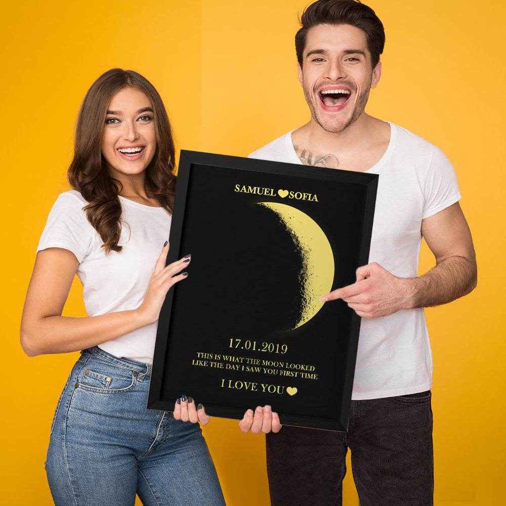 Custom Text & Moon Phase Frame – Romantic Wooden Gift for Couples - Customise Now
