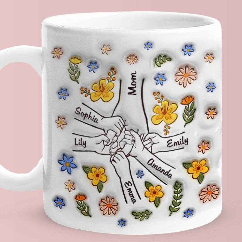 Personalized Hand-in-Hand Mug – Engraved Names Floral Mum & Kids Mug - Customise Now