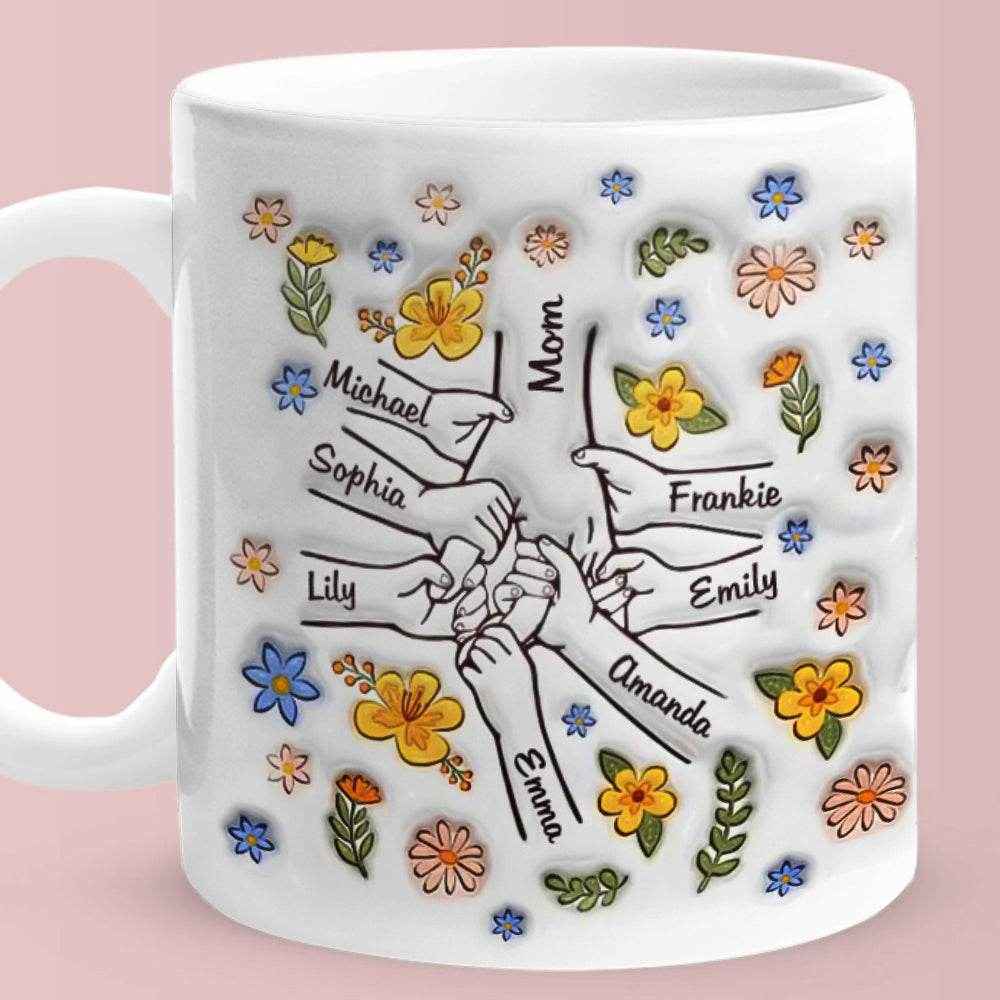 Personalized Hand-in-Hand Mug – Engraved Names Floral Mum & Kids Mug - Customise Now