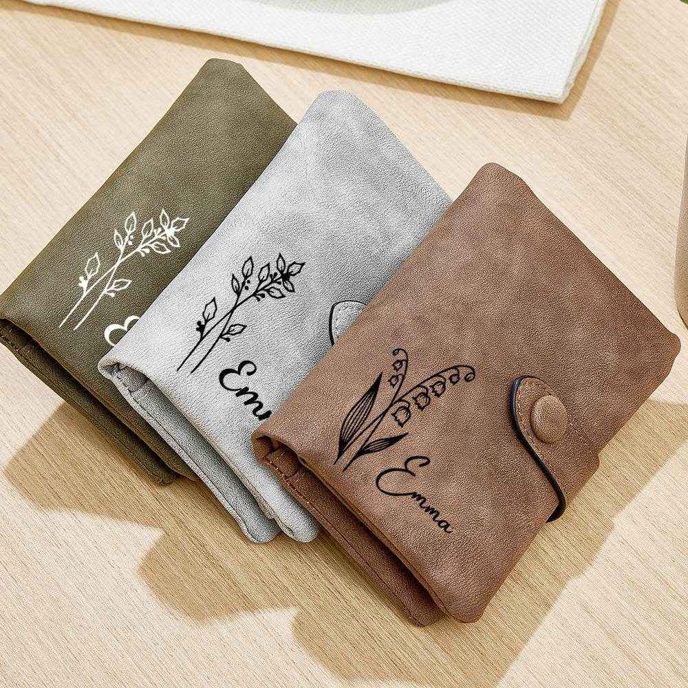 Outline Birth Flower Purse – Personalized Name Engraved Wallet - Customise Now