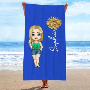Custom Cartoon Girl Birth Flower Beach Towel – Personalized Multicolor Name Towel for Women & Girls - Customise Now