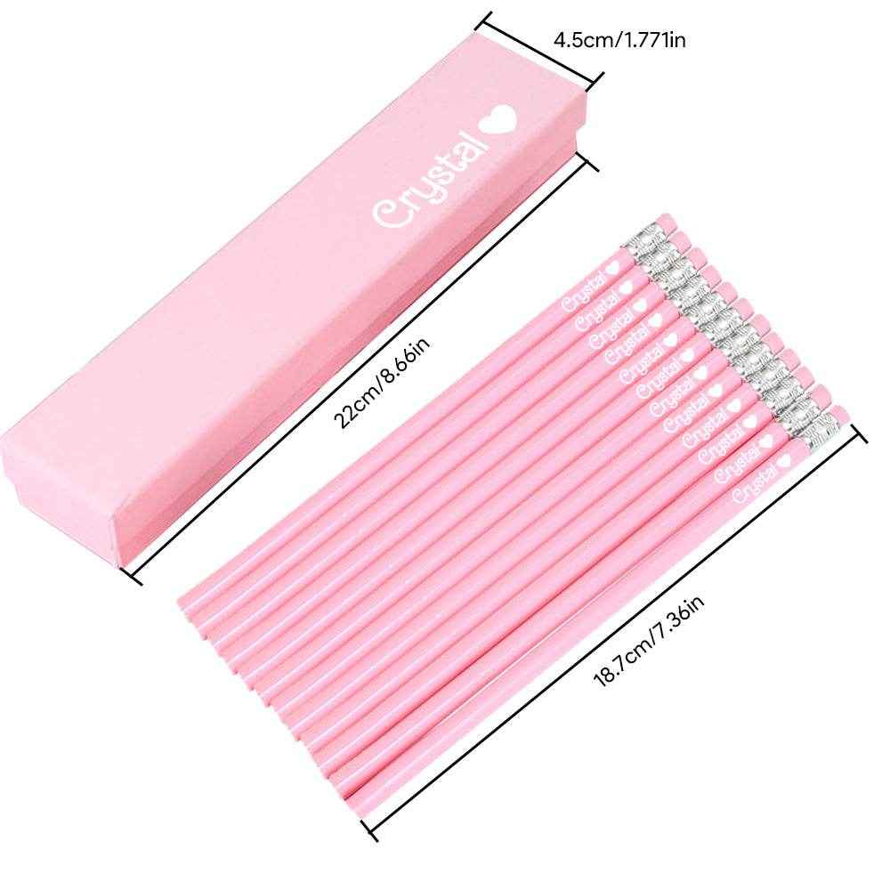 Personalized Name Pink Pencil Set – Box of 12 HB Pencils with Erasers - Customise Now