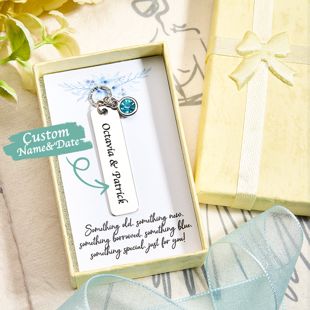 Personalized Bridal Bouquet Charm – Custom Engraved Wedding Keepsake with Blue Crystal